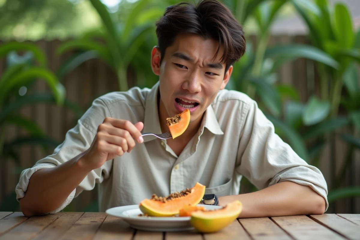 Jeune homme dégustant une papaye à l