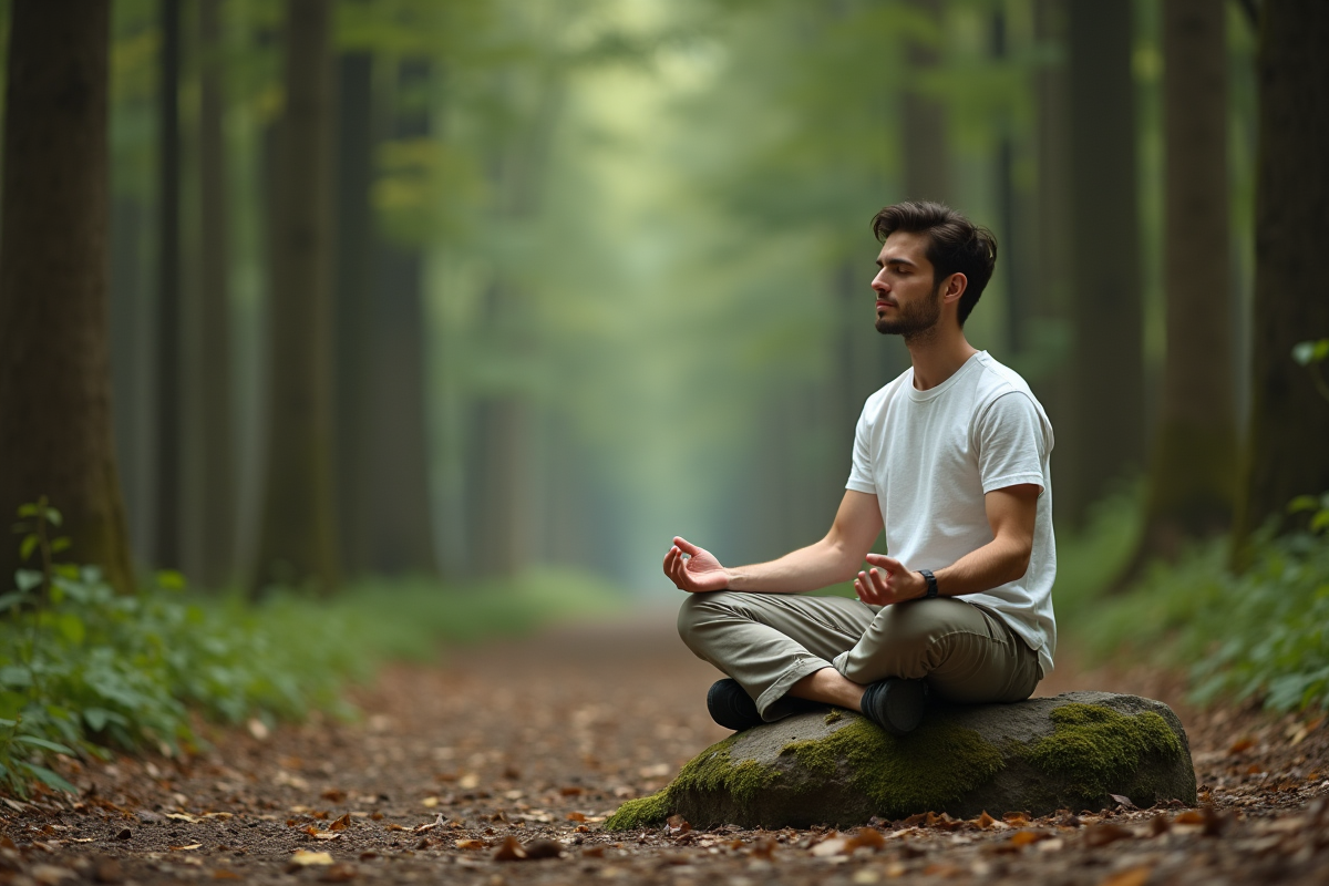 Jeune homme méditant dans la forêt calme