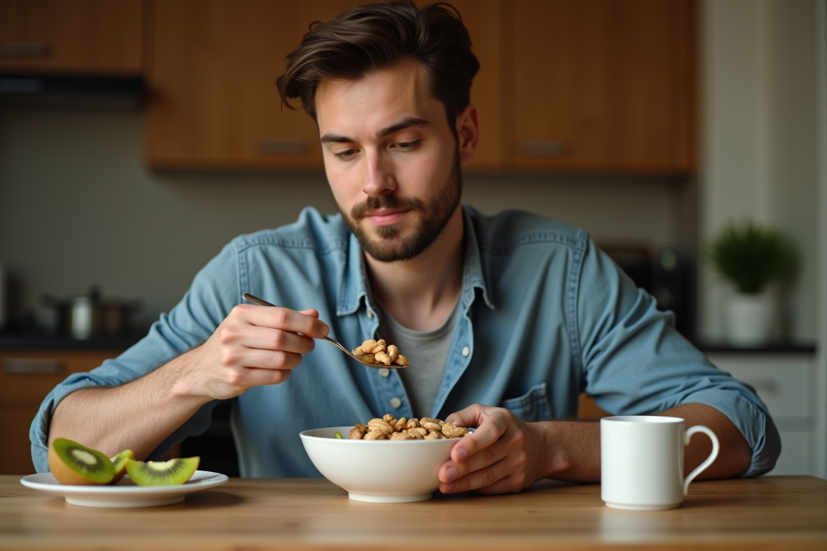 Jeune homme mangeant noix et kiwi avant sommeil