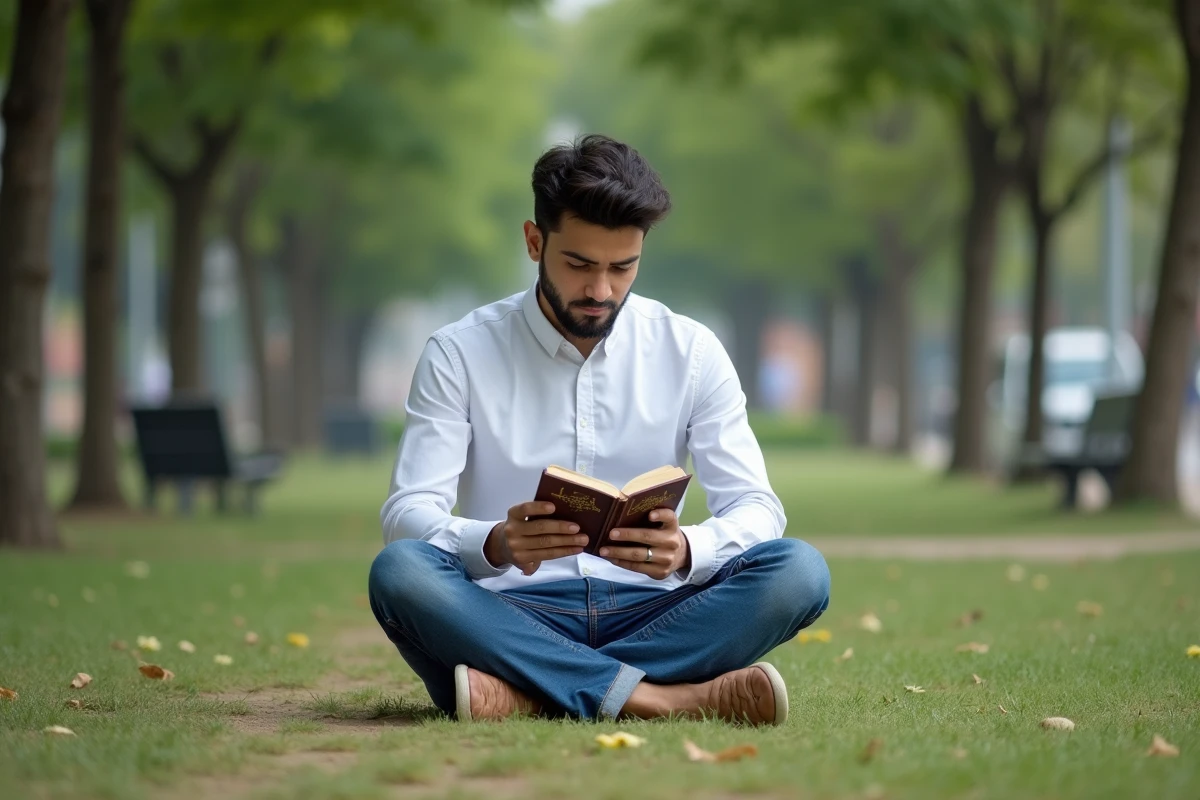 Jeune homme récitant le Quran dans un parc urbain
