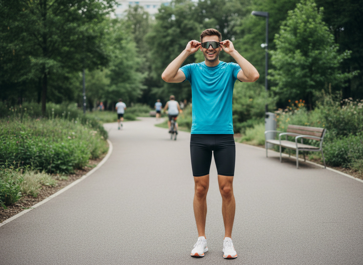 Jeune homme en tenue sportive ajustant ses lunettes de soleil