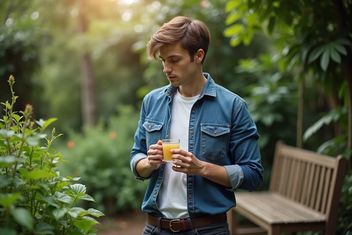 Jeune homme dans le jardin avec infusion herbal