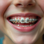 Jeune adolescent souriant avec appareils dentaires métalliques