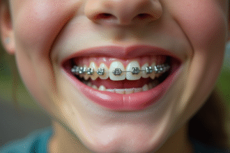 Jeune adolescent souriant avec appareils dentaires métalliques