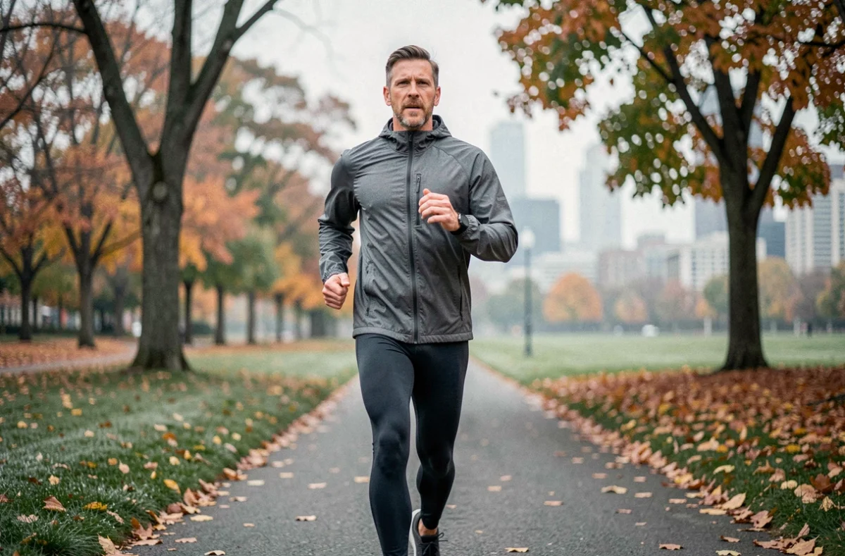 Homme de 42 ans faisant du jogging dans un parc urbain en automne, symbolisant la regain d'énergie et les bénéfices physiques d'un mois sans consommation d'alcool pour le foie et l'organisme