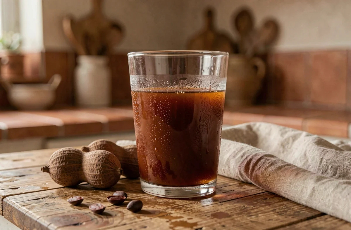 Verre de jus de tamarin sombre posé sur une table en bois rustique avec une gousse de tamarin entière, illustrant les dangers d'une consommation excessive