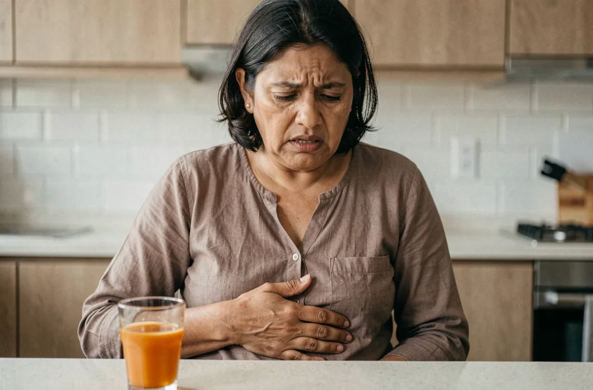 Femme adulte tenant son ventre avec une expression de douleur devant un verre de jus de tamarin, symbolisant les effets secondaires digestifs d'une consommation excessive