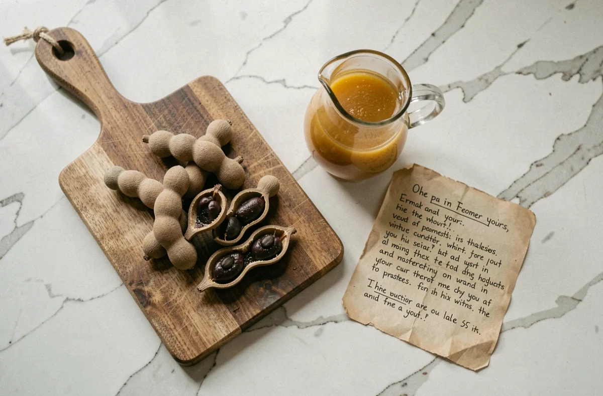 Pose à plat de gousses de tamarin ouvertes et d'un pichet de jus sur un comptoir en marbre blanc avec une note d'avertissement, illustrant les risques liés à l'excès de tamarin