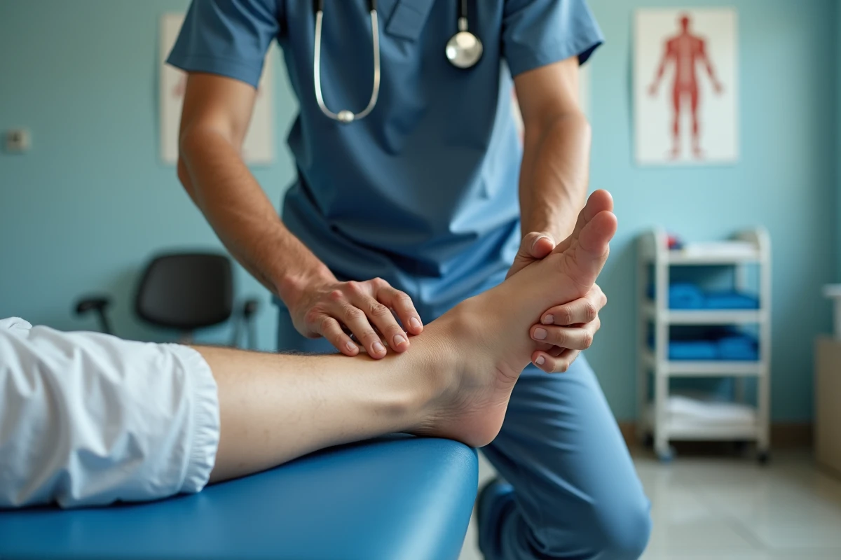 Kinésithérapeute sportif évaluant le nerf sural sur le bord externe du pied d'un patient en cabinet de rééducation