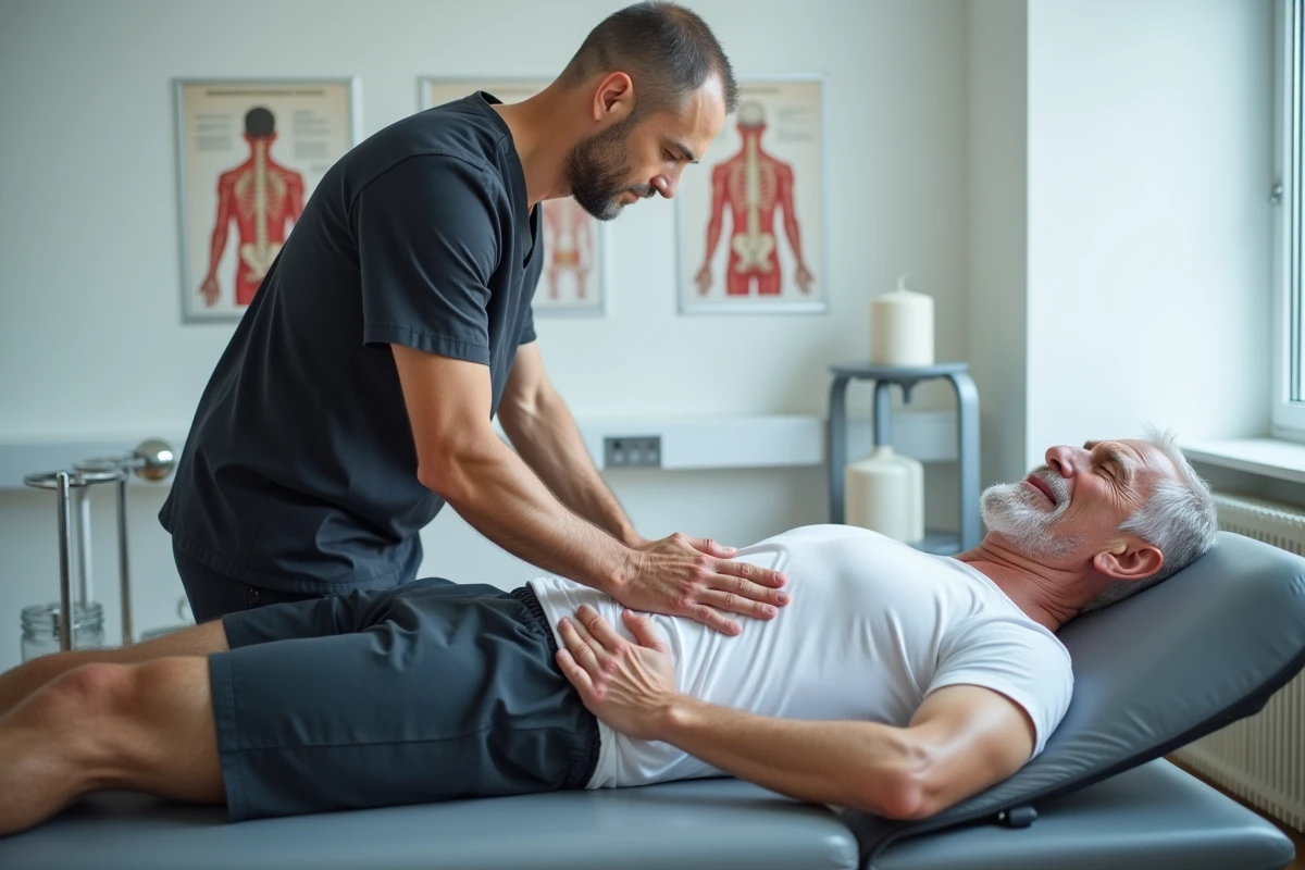 Séance de kinésithérapie pour un patient atteint de discopathie lombaire, examen du dos par un physiothérapeute en cabinet