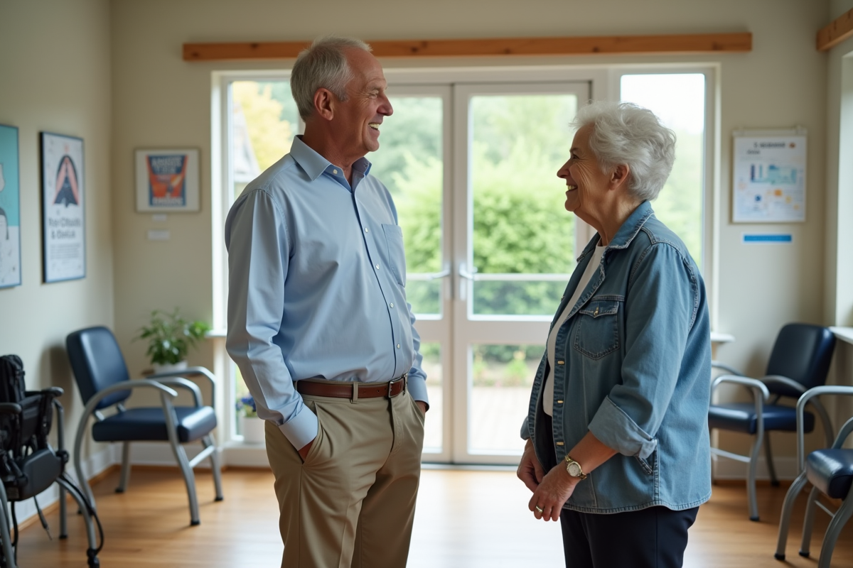 Kinésithérapeute saluant une cliente âgée dans une salle de rééducation