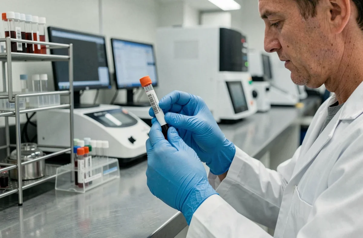 Technicien de laboratoire manipulant un échantillon sanguin pour l'analyse du marqueur tumoral CA 19-9 dans un laboratoire d'analyses médicales