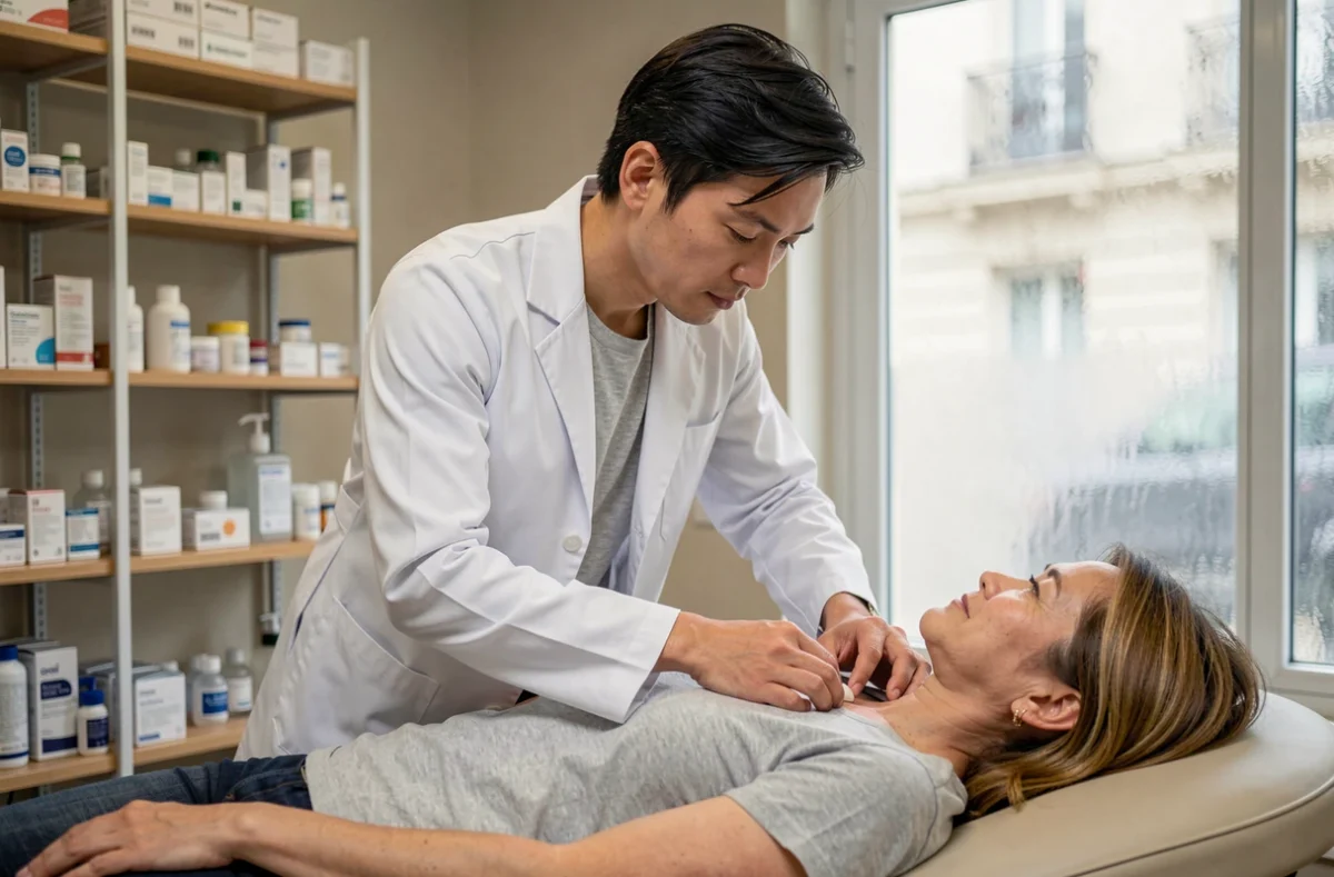 Kinésithérapeute polyvalent Lee Jun Manh réalisant une thérapie manuelle sur l'épaule d'une patiente à Paris
