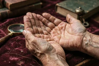Mains d'une femme âgée ouvertes sur une table en bois, révélant les lignes de la main étudiées en chiromancie