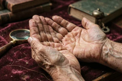 Mains d'une femme âgée ouvertes sur une table en bois, révélant les lignes de la main étudiées en chiromancie