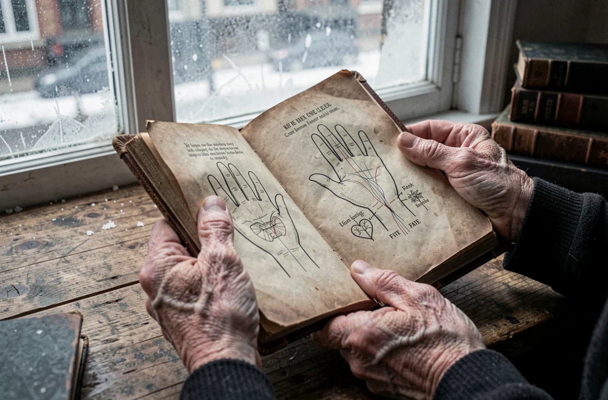 Mains âgées tenant un vieux livre de chiromancie ouvert sur les diagrammes des lignes de la main dont la ligne de vie