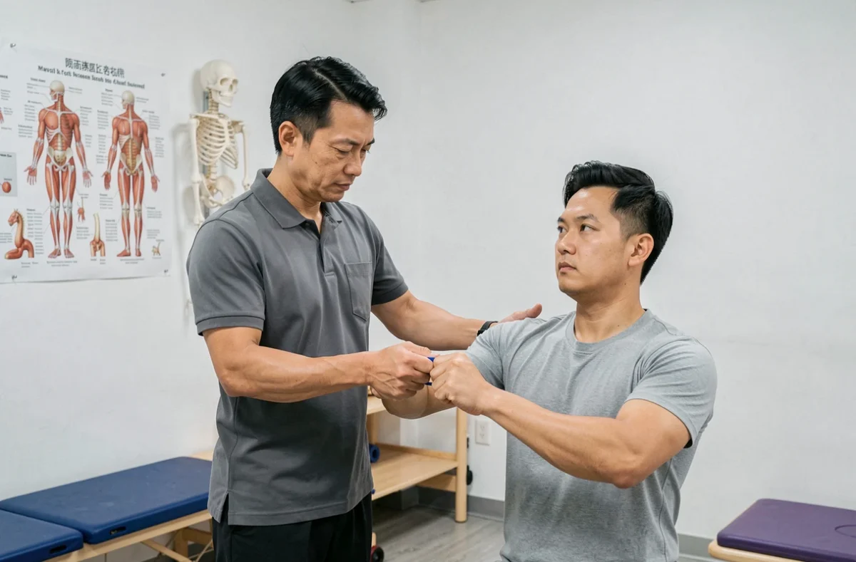 Ly Dang guidant un patient lors d'un exercice de rééducation musculo-squelettique dans un cabinet de kinésithérapie parisien