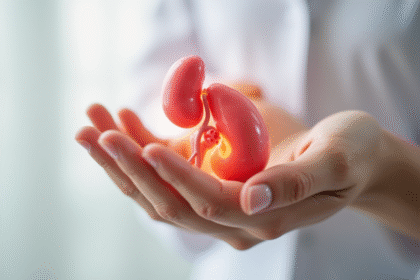 Main tenant un modele de pancreas lumineux