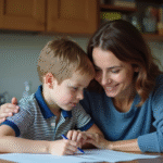 Maman et son fils dans la cuisine chaleureuse