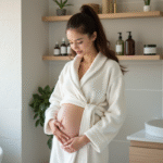 Jeune maman appliquant une huile naturelle sur le ventre