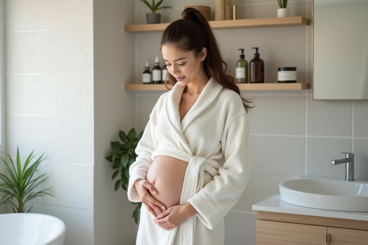 Jeune maman appliquant une huile naturelle sur le ventre