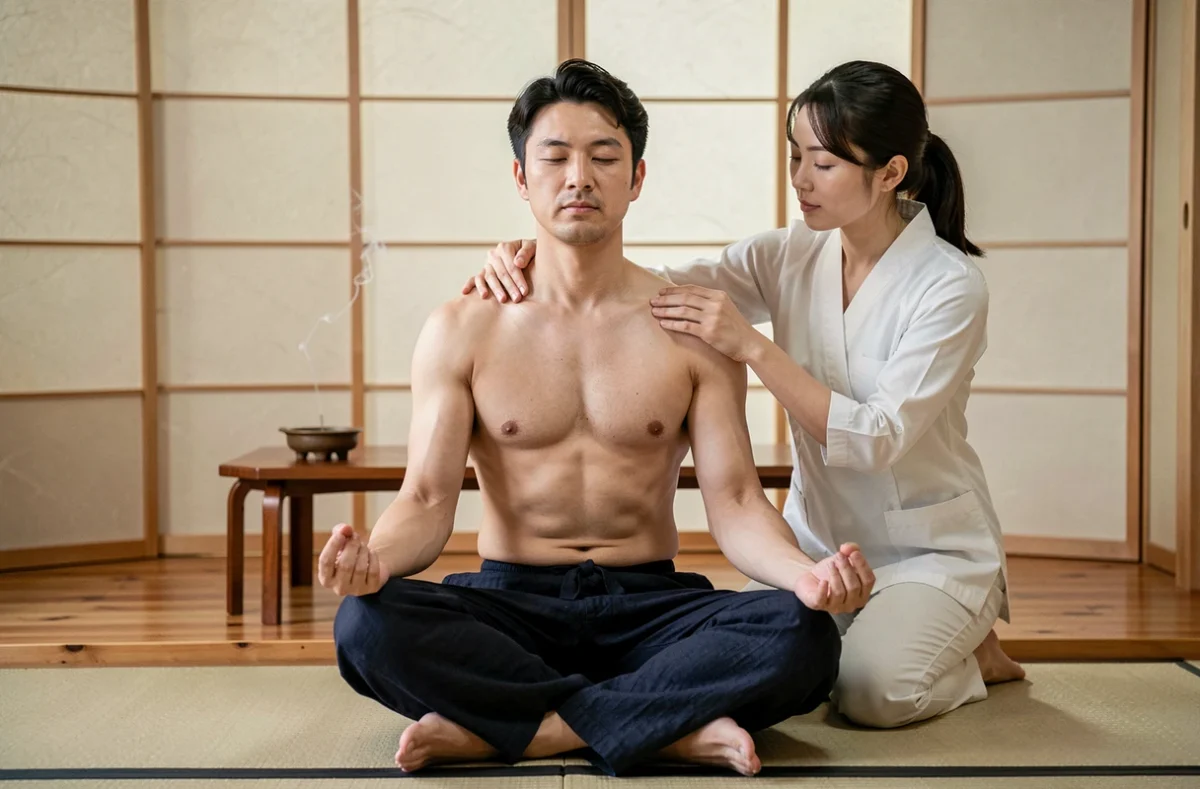Homme en séance de massage anma japonais dans un studio de bien-être traditionnel en bois de cèdre