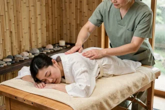 Femme recevant un massage shiatsu japonais dans un spa zen minimaliste au décor en bambou