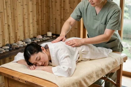 Femme recevant un massage shiatsu japonais dans un spa zen minimaliste au décor en bambou