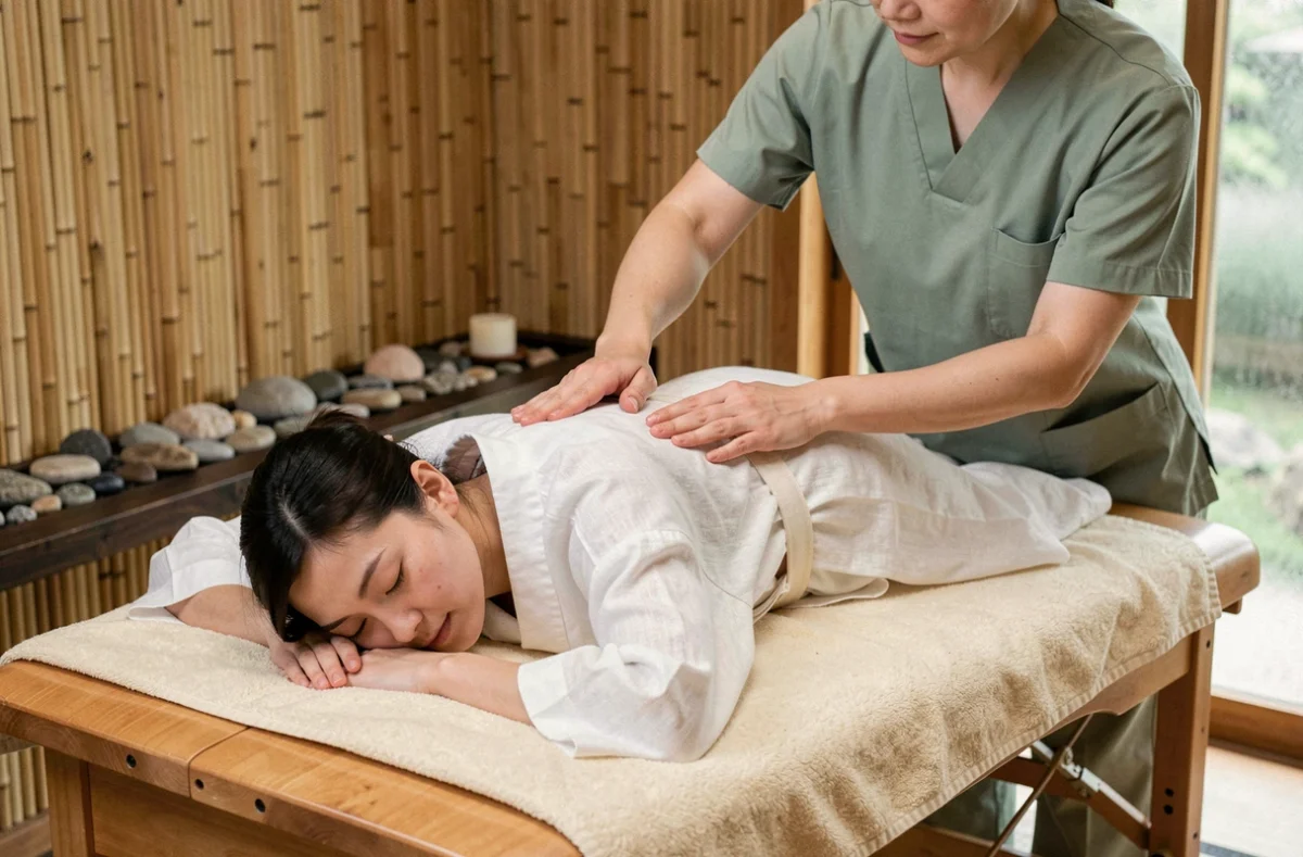 Femme recevant un massage shiatsu japonais dans un spa zen minimaliste au décor en bambou