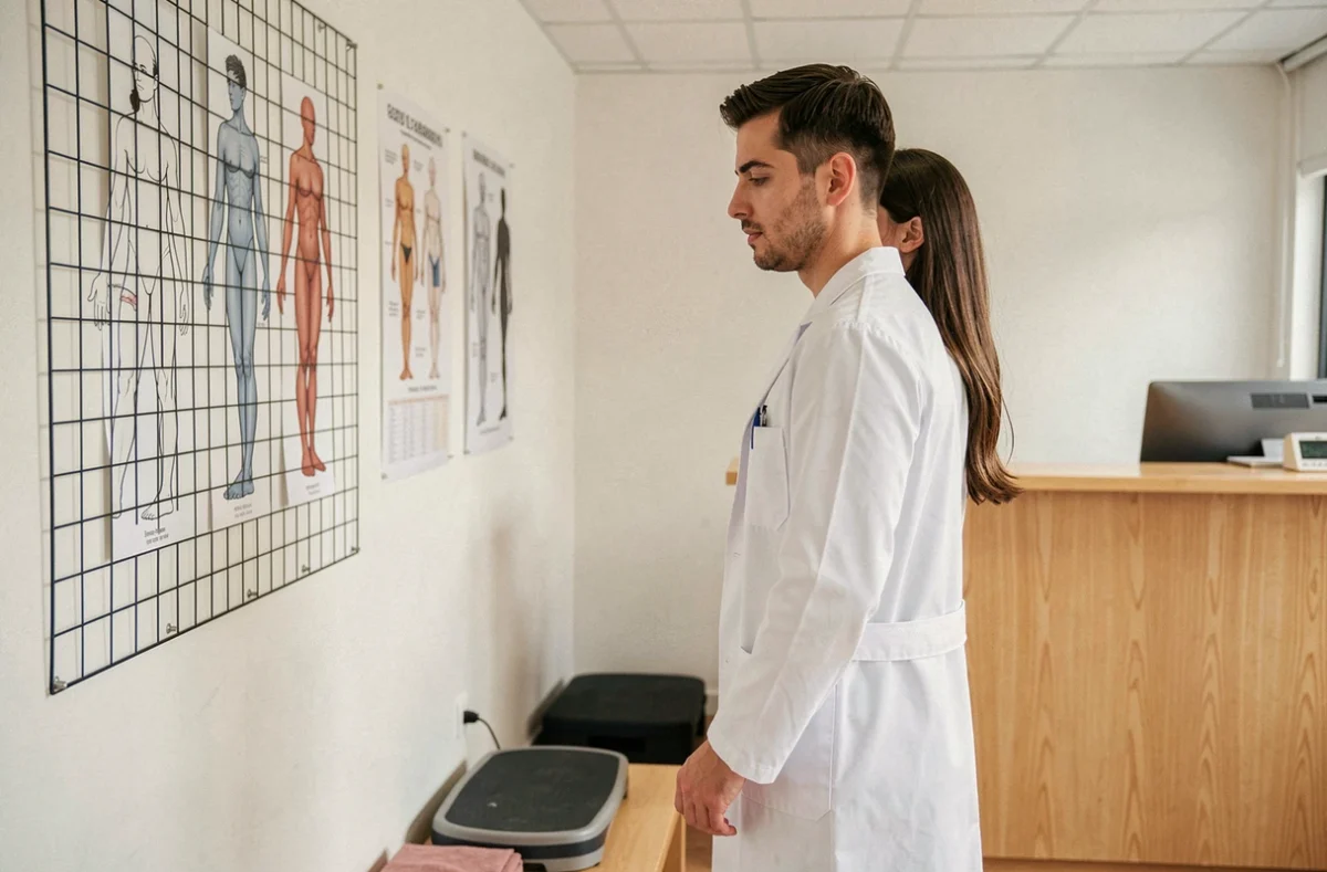 Matthieu Bonneau réalisant un bilan postural sur une patiente debout dans son cabinet de kinésithérapie du 5e arrondissement
