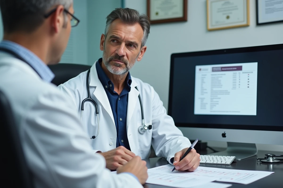 Médecin généraliste en consultation analysant des résultats de bilan sanguin avec un patient, en lien avec un diagnostic de TCMH bas
