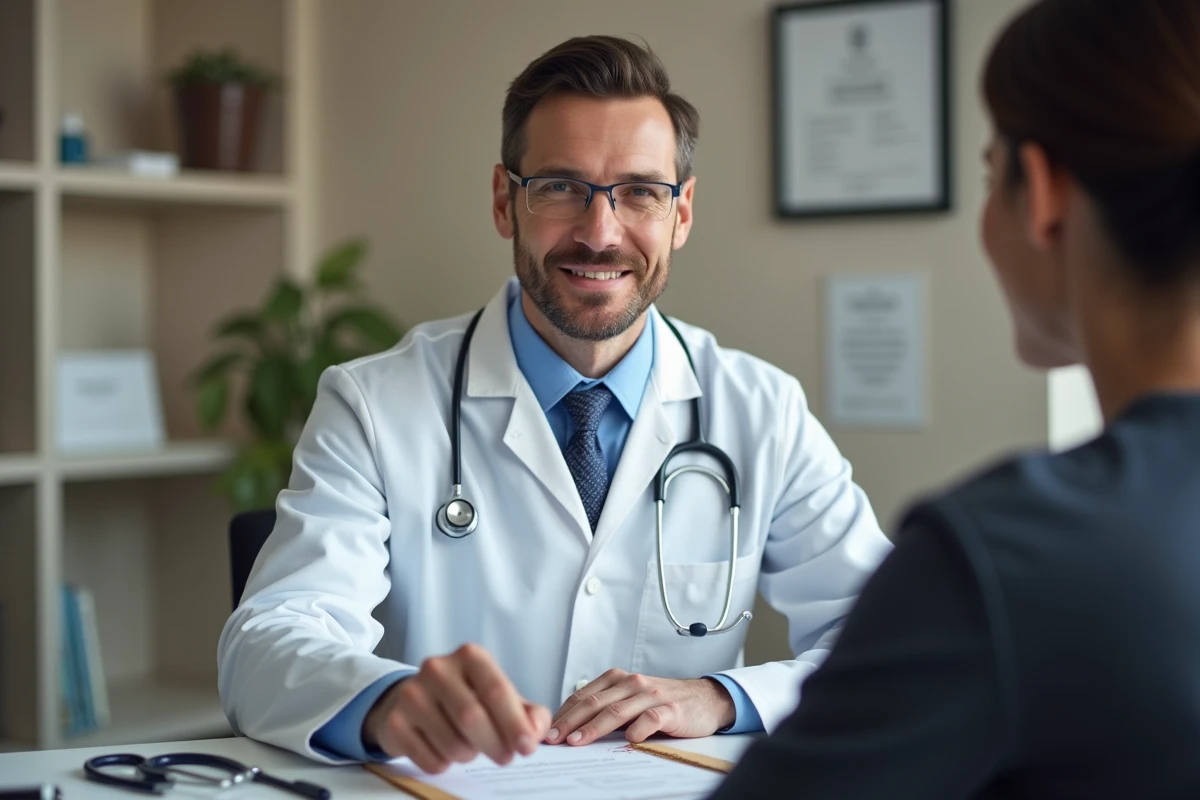 Médecin généraliste expliquant les résultats d'une analyse de sang à un patient lors d'une consultation médicale