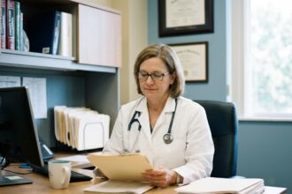 Médecin femme en blouse blanche dans un cabinet moderne
