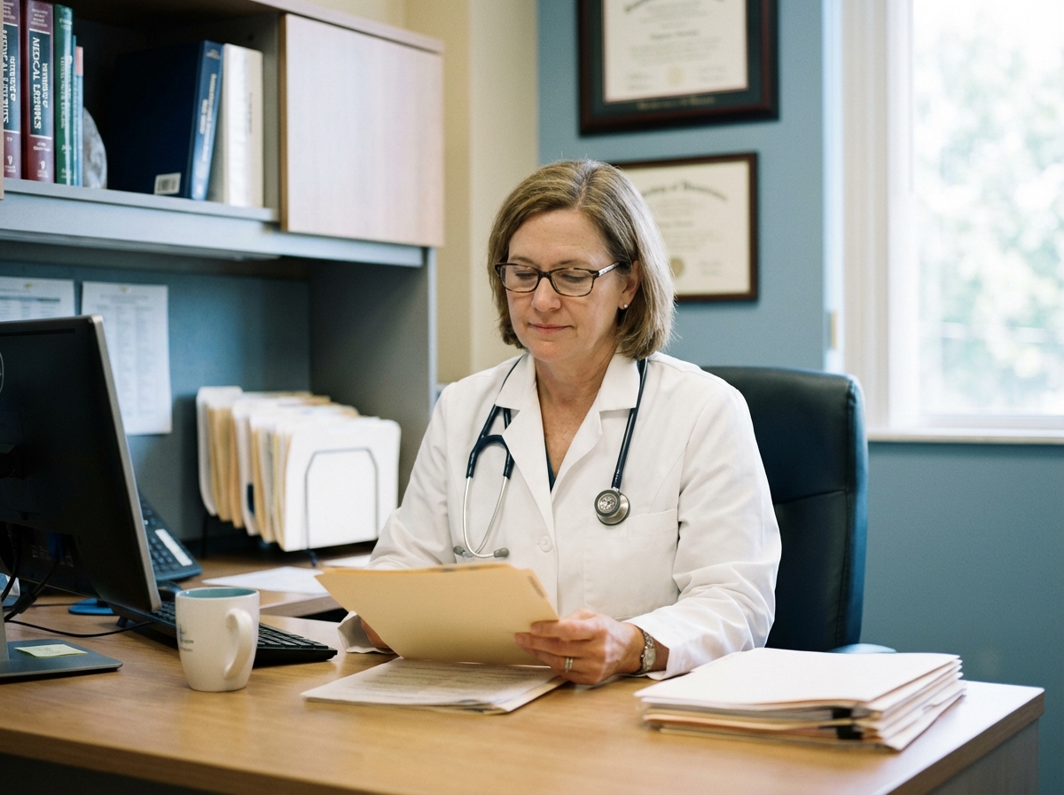 Médecin femme en blouse blanche dans un cabinet moderne
