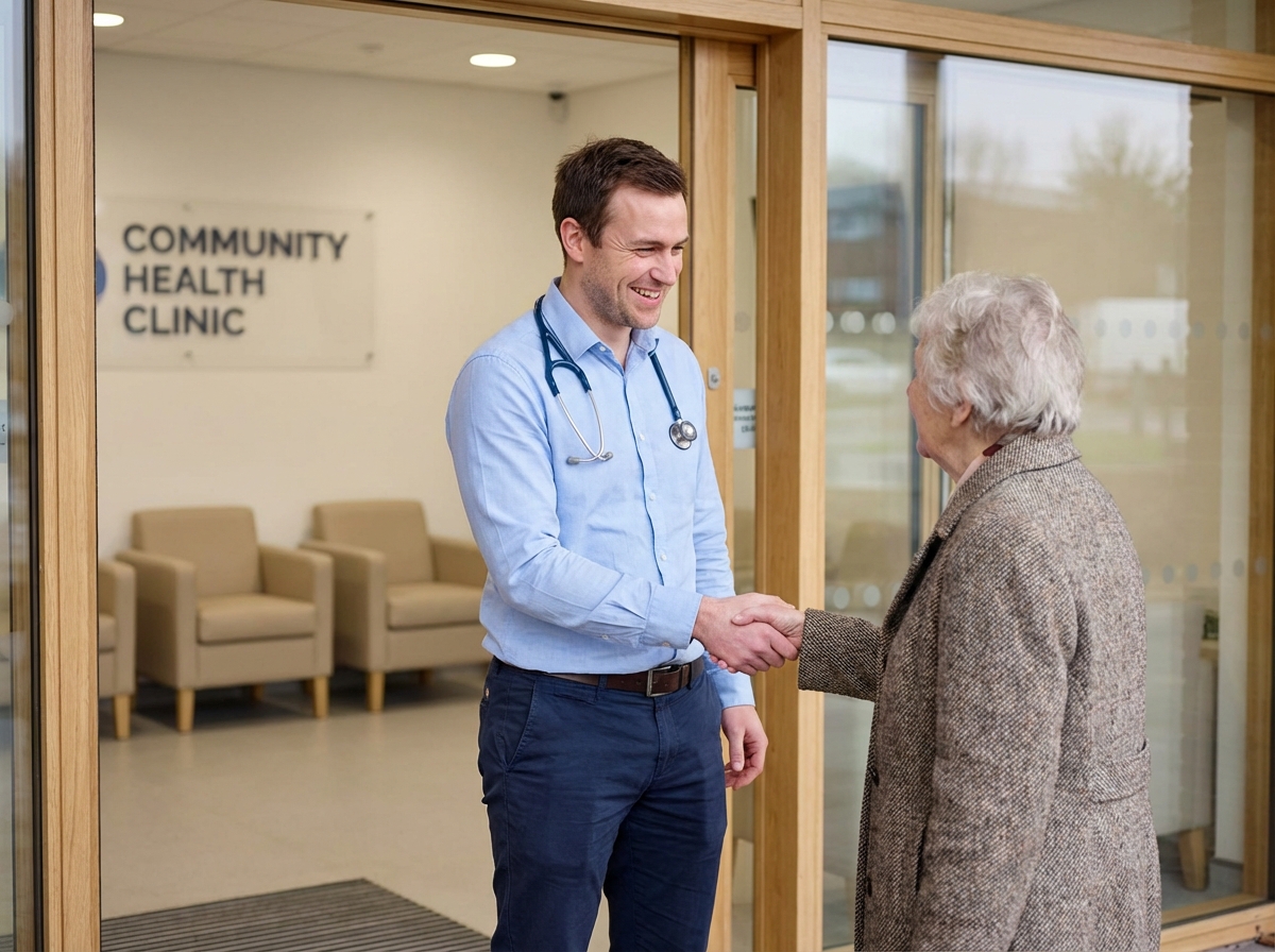 Jeune médecin accueillant un patient âgé à l