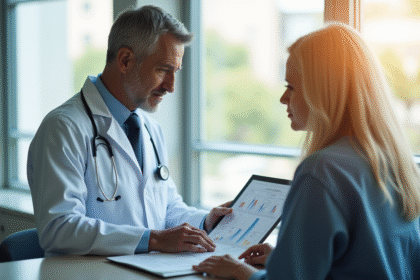 Medecin expliquant un graphique a un patient dans un hôpital lumineux