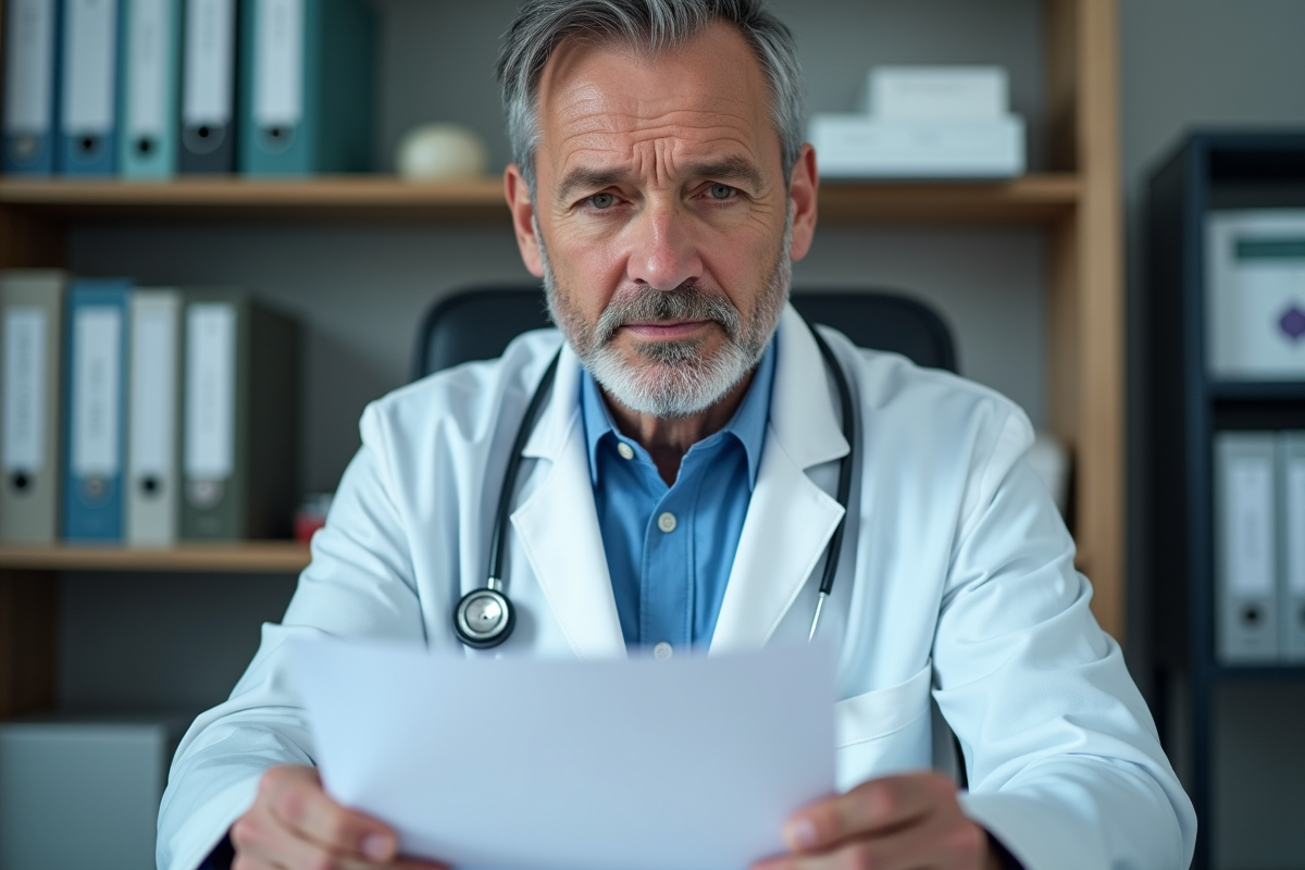 Medecin examinant un dossier dans son cabinet médical