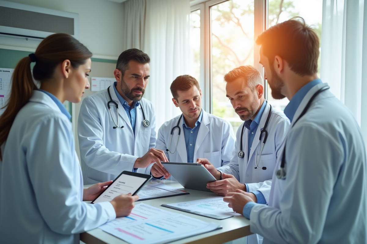 Médecins discutant avec tablettes dans une clinique lumineuse