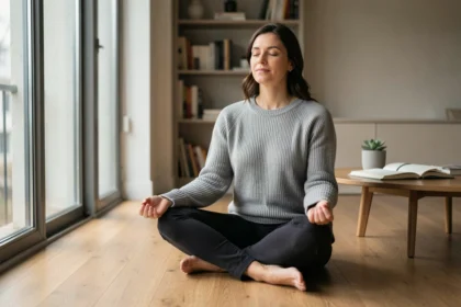 Femme pratiquant la méditation assise sur le parquet d'un salon minimaliste, mains sur les genoux, dans un moment de pause et de paix intérieure au quotidien