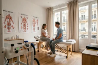 Cabinet de kinésithérapie moderne à Paris avec table de traitement et praticien en consultation