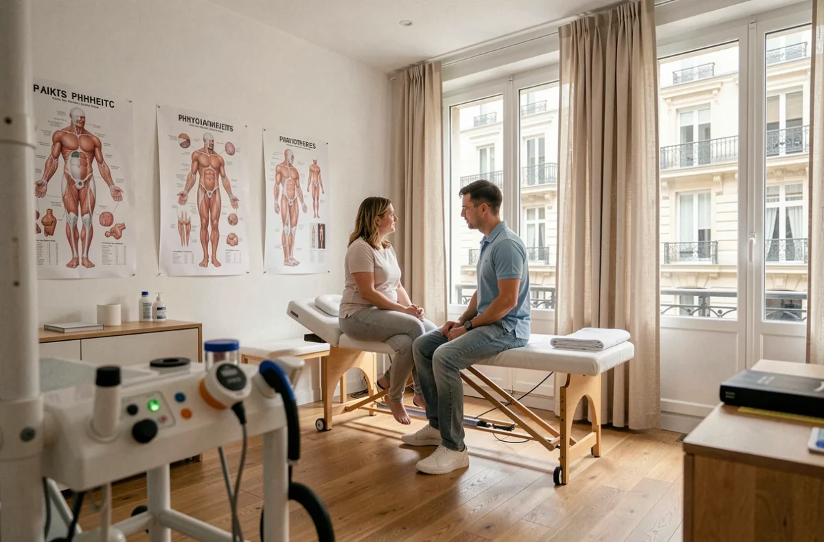 Cabinet de kinésithérapie moderne à Paris avec table de traitement et praticien en consultation