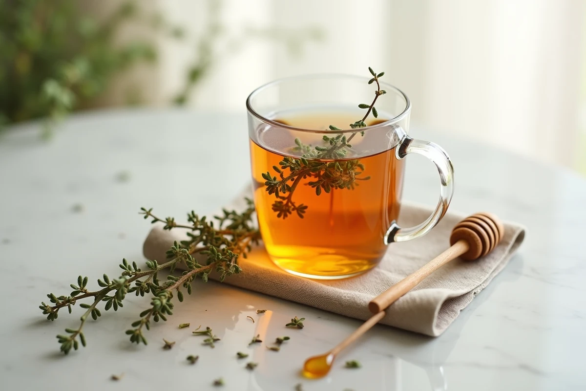 Infusion de thym dans un mug en verre avec du miel et des feuilles séchées sur une surface en marbre clair