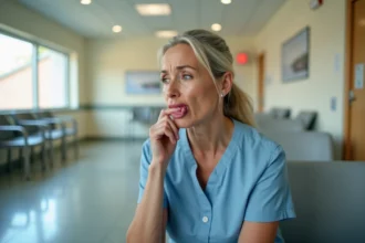Femme avec une lèvre inférieure gonflée assise dans une salle d'attente des urgences, illustrant un oedème de Quincke de la lèvre