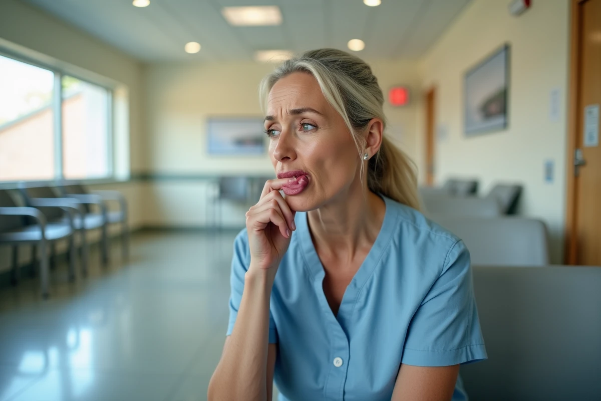 Femme avec une lèvre inférieure gonflée assise dans une salle d'attente des urgences, illustrant un oedème de Quincke de la lèvre