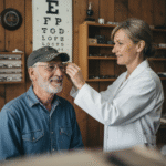 Optométriste ajustant des lunettes à un fermier âgé dans une clinique rurale
