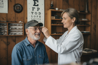 Optométriste ajustant des lunettes à un fermier âgé dans une clinique rurale