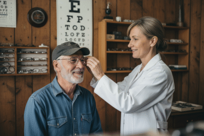 Optométriste ajustant des lunettes à un fermier âgé dans une clinique rurale