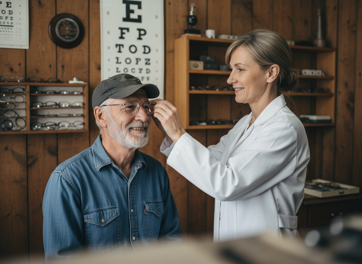 Optométriste ajustant des lunettes à un fermier âgé dans une clinique rurale