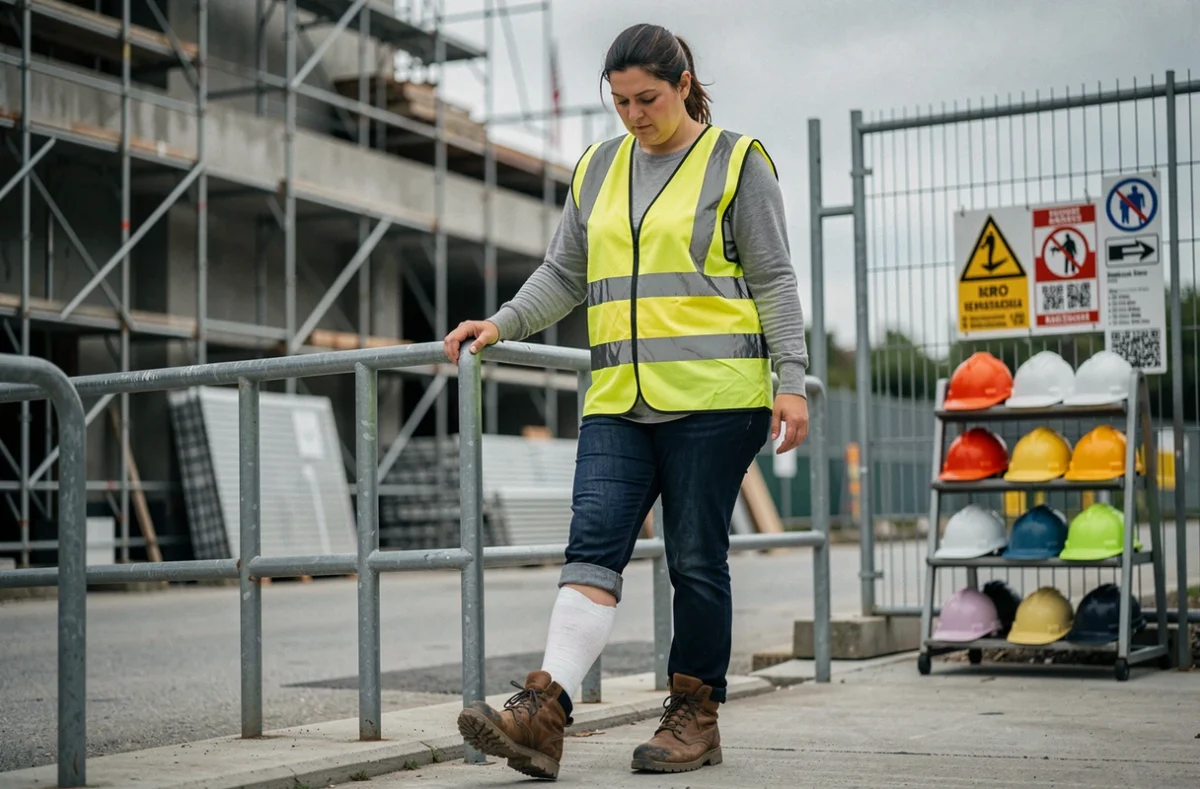 Une ouvrière en tenue de sécurité examine son hématome osseux à la jambe devant un chantier