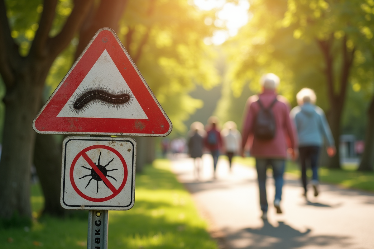 Panneau d avertissement avec chenille processionnaire dans un parc